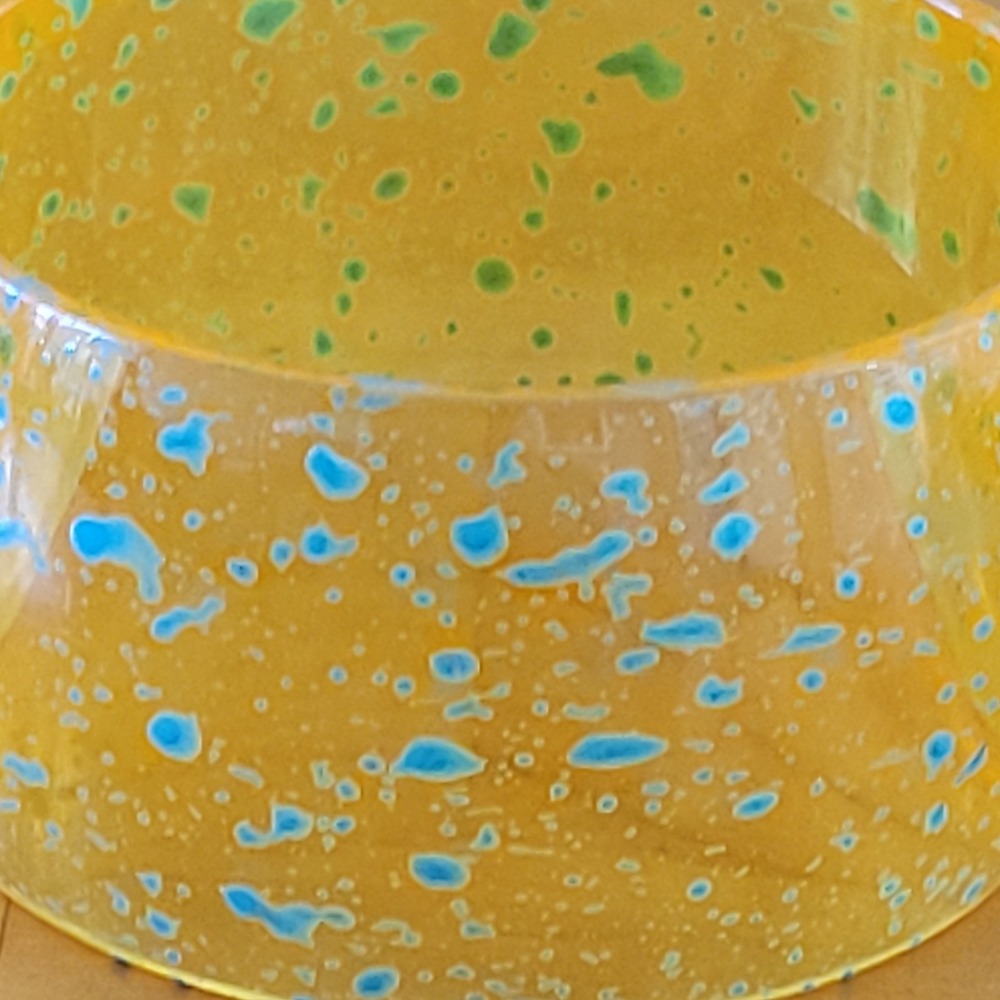 Chunky Amber Resin Bangle Bracelet Blue Splatter Wide Lucite Style 2.5 Inch